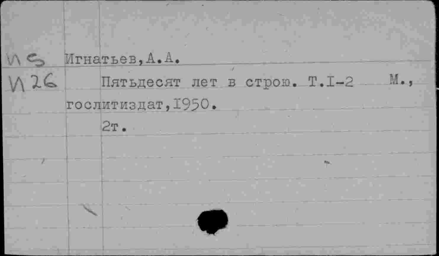 ﻿\л	Игнатьев,А.А.		
	Пятьдесят лет в строю. Т.1-2 -Гослитиздат,±950.		м.,
		2т.		.	
/			
	х		